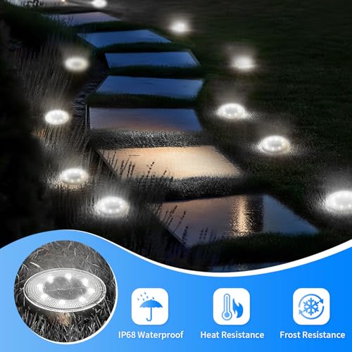 Jsdoin 6PCS Solar Floor Lights Outdoor, 8 LED Lights Waterproof Outdoor Light, IP68 Garden Light Stainless Steel Solar Lamp for Walkway, Terrace, Outdoor, Lawn, Entrance (White) - Image 3