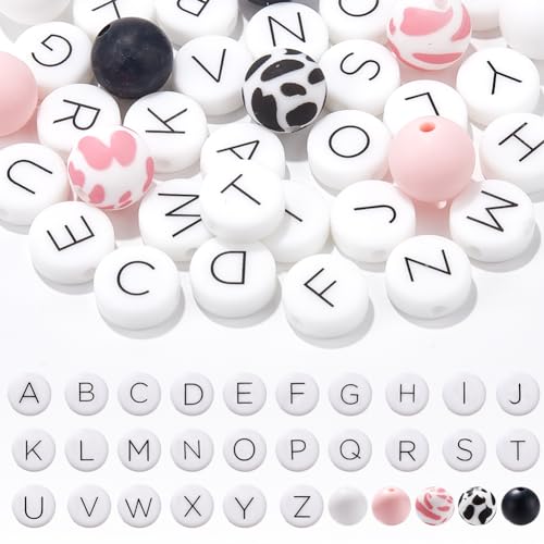 SUNNYCLUE 1 Box 36Pcs Silicone Letter Beads Bulk Alphabet Beads English A-Z Capital White Black Pink Flat Round Loose Beads for jewellery Making Beads DIY Crafts Necklace Bracelet Keychain Beginners