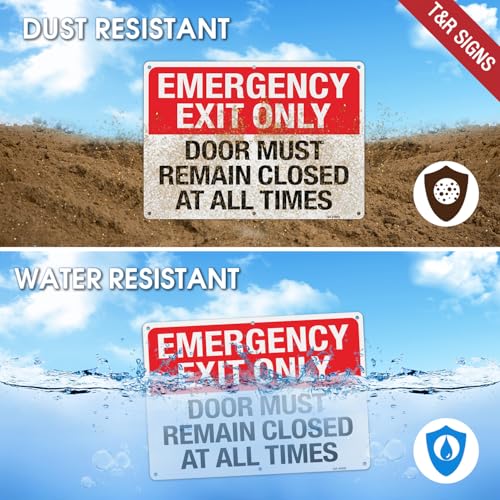 Image of T&R Large Emergency Exit Only Sign Door Must Remain Closed At All Times - 2 Pack - 14 x 10 Inches Rust Free .040 Aluminum Reflective - UV Protected, Waterproof, Weatherproof and Fade Resistant - 6 Pre-drilled Holes