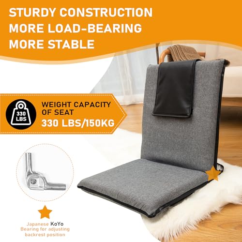 Image of FASTMOMENT Floor Chair with Back Support 14-Position Adjustable Floor Chair Portable Ground Seating for Adults & Kids Foldable Meditation Seat with Japanese KOYO Bearings & Washable Linen Cover (Grey)