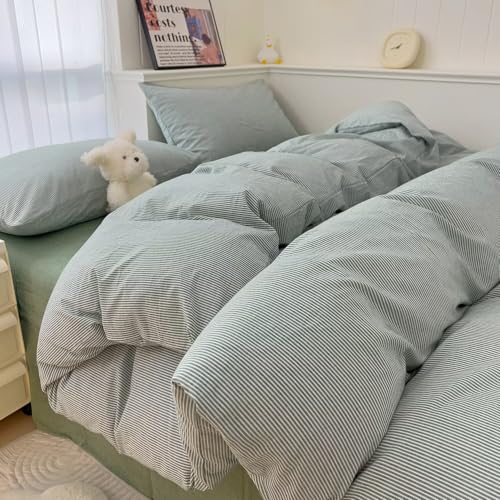 Image of MKXI Ultra-Fine Stripe Duvet Cover Set Queen, 100% Washed Cotton Green & White Textured Bedding, 3 Piece Breathable Comfy Farmhouse Style Duvet Cover with Pillow Shams