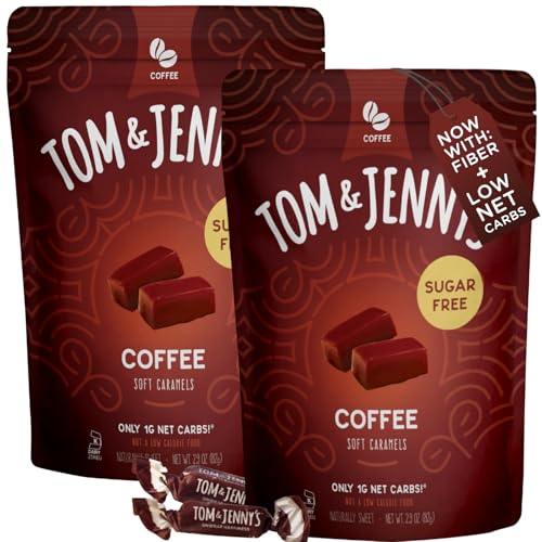 Tom & Jenny's Sugar Free Candy (Soft Caramel) with Coffee and Vanilla - Low Net Carb Keto Candy - with Allulose and Maltitol - (Coffee Caramel, 2-pack)