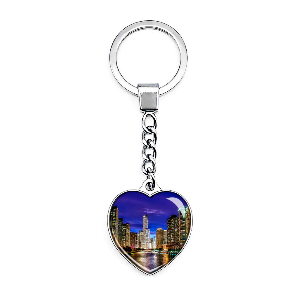 America Usa Chicago Illinois River Keychain Creative Double Sided Heart-shaped Crystal Key Chain Travel Souvenir Metal