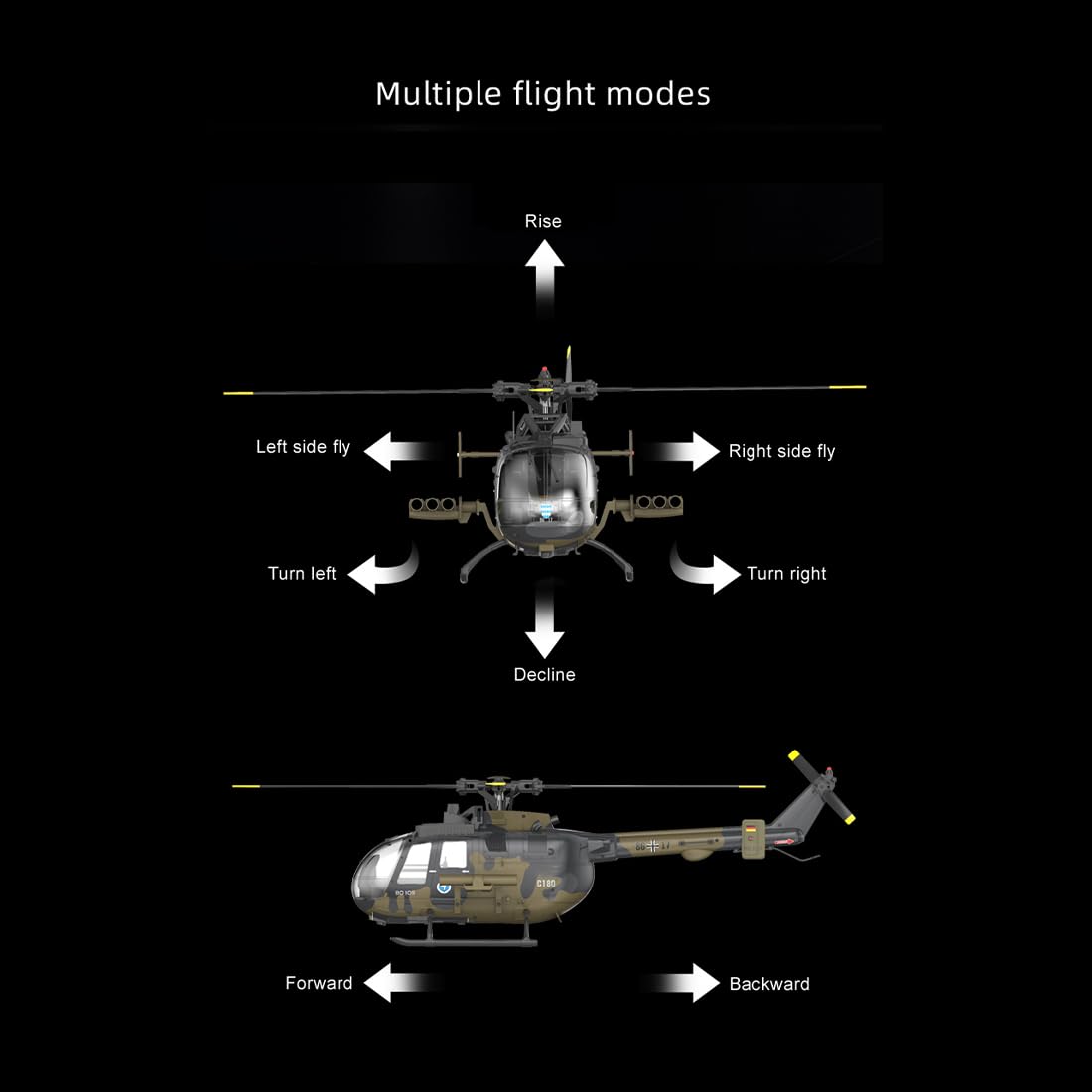 Elicottero RC 1/25, elicottero C180, 2,4 GHz 6 CH Flybarless modello elicottero con barometro, TOF LiDAR, posizionamento ottico e supporto missilistico, modello militare elicottero, RTF