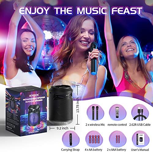 GEARDON Bluetooth Speaker with Wireless Microphones, 8" Subwoofer, Portable Outdoor Karaoke Machine for Adults & Kids w/ DJ Lights, Mics for Singing, Recording, BT/AUX/USB/TF/FM, Party Loud-Speaker