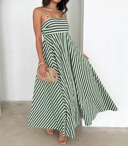 Image of NUFIWI Women Summer Striped Maxi Dress Spaghetti Strap Cutout Ruffle Long Dress Flowy Swing Beach Vocation Dress