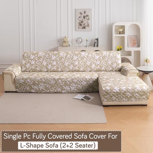 Image of HOKIPO 'Elira Series' Printed Quilted One-Piece L Shape 4 Seater (2+2) Sofa Cover with Right Chaise | Anti-Slip Design, Buff Brown Sillehoute Floral (AR-6228-C7)