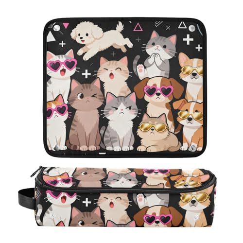 Estuche de viaje 2-en-1 para plancha y rizador con mat heat resistant, impermeable, portátil, diseño de gatos y perros en estilo cartoon miniatura 3
