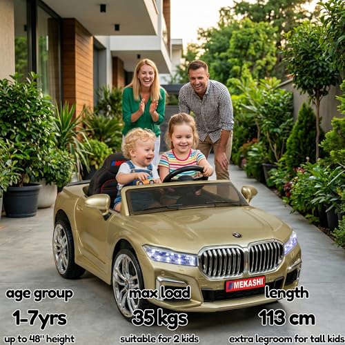 Image of MEKASHI Electric Ride-On Car for Kids 1-7 Years, 12V Battery, Remote Control, 5 Speed, LED Lights, Bluetooth, Metallic Gold