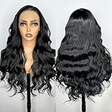 LOLYDEER 13X6 HD Glueless Lace Frontal Wig Body Wave Synthetic Lace Front Wigs 26 Inch Black Wavy Wigs Pre Plucked With Baby Hair Wear And Go Transparent Lace Wigs For Women