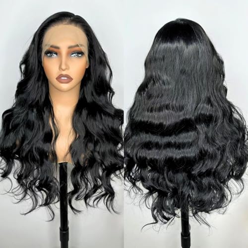 LOLYDEER 13X6 HD Glueless Lace Frontal Wig Body Wave Synthetic Lace Front Wigs 26 Inch Black Wavy Wigs Pre Plucked With Baby Hair Wear And Go Transparent Lace Wigs For Women