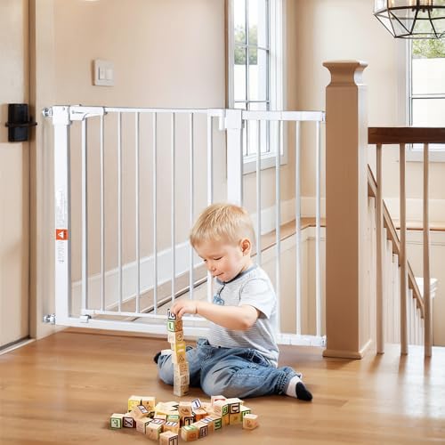 COMOMY 75-110cm Cancelletto per Bambini, Cancello Cani per Porte e Scale, Cancelletti Sicurezza per Bambino, Fissaggio a Pressione, Chiusura Automatica, Bianco