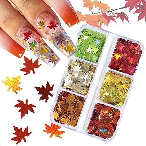 3D Fall Leaves Nail Art Glitter Sequins Laser Sparkly Maple Leaf Nail Glitter Flakes 6 Colors Holographic Autumn Nails Sequins for Nail Art Decorations DIY Crafts