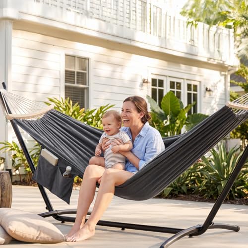 Image of GAFETE Double Hammock with Stand for Outside, Upgraded Spreader Bar, Heavy Duty Space Saving Steel Stand 2 Person, Side Pocket, Easy Assembly, 600lbs Weight Capacity, Indoor & Outdoor (Dark Grey)