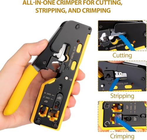 Image of COMTECH Cat7 Passthrough Crimping tool Kit RJ45 All in One Crimper 50pc Cat6 Connectors & 50pc Boots set for Cat5 Cat6 Cat7 Includes Ethernet Network Cable Tester with wire Stripper cutter