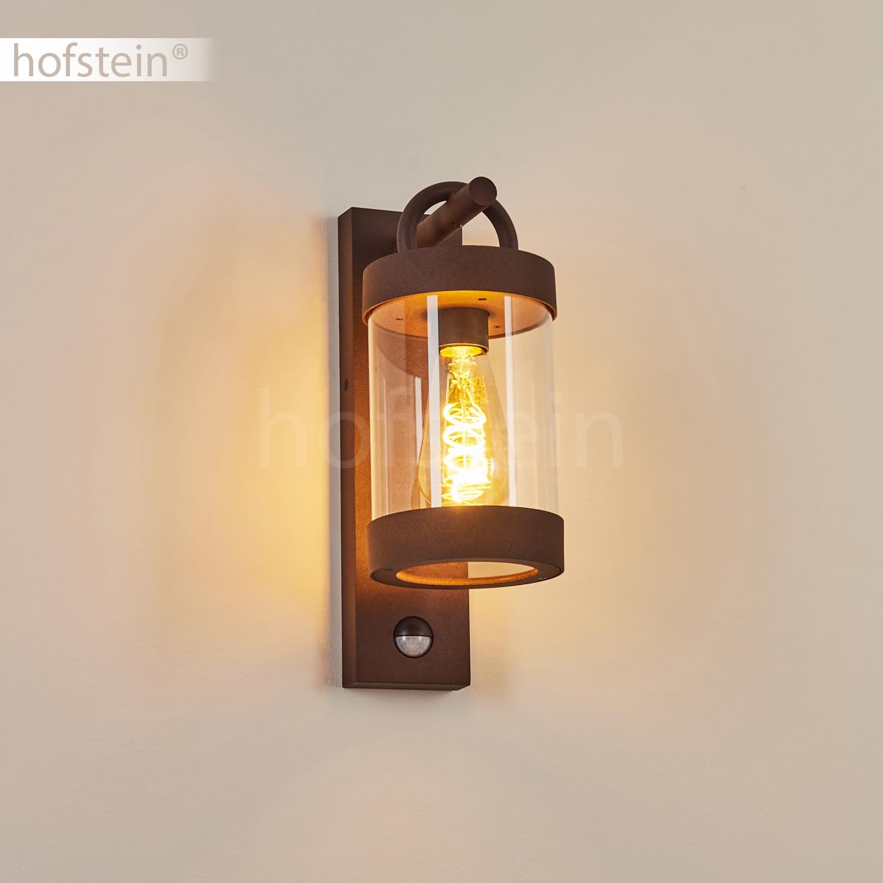 HOFSTEIN Außenwandleuchte Fulham, Außenwandlampe mit Bewegungsmelder aus Metall/Kunststof in Rost/Klar, Wandleuchte außen Down im modernen Design, E27, IP44, Hof, Eingangsbereich, Terrasse, Haustür
