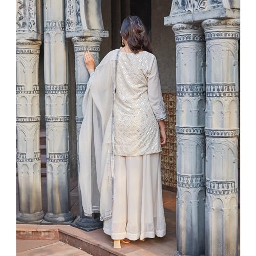 Image of BIBA Poly Georgette Embroidered Straight Casual Kurta With Sharara And Dupatta