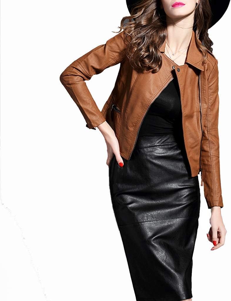 Blouson en cuir PU mince marron style veste moto pour femme taille XXL coupe ajustée
