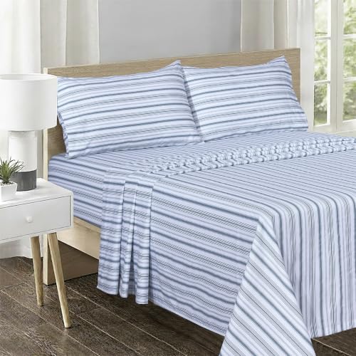 Image of Feather & Stitch Printed 500 TC Split King Size Sheet Set, 5 Piece Bed Sheets Set, 2 Twin Fitted Sheet, 1 King Flat Sheet & 2 King Pillowcases, 18 inch Deep Pockets Sateen Weave - Blue Stripe Print