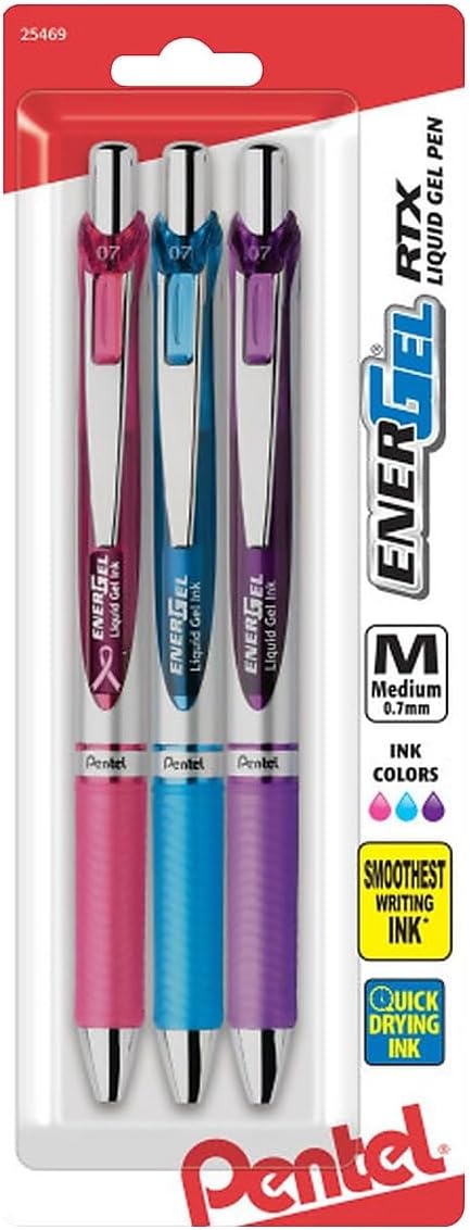 EnerGel RTX Retractable Liquid Gel Pen Medium Line 3/Pkg-Pink, Sky Blue, & Violet
