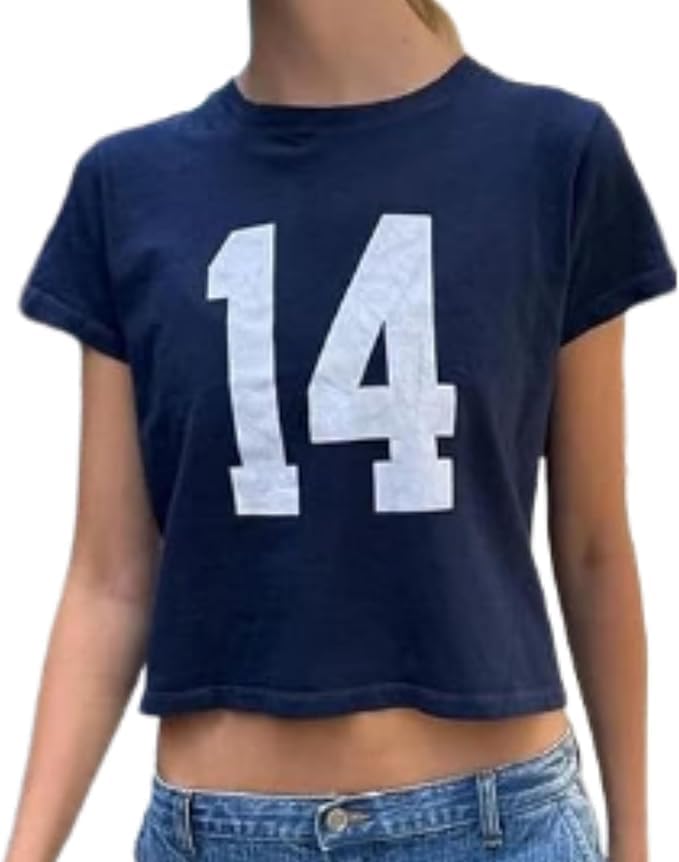 Summer Crop Top Number 14 Fitted Tee Jersey Short Sleeve Y2k Shirt Graphic Baby Tee Women