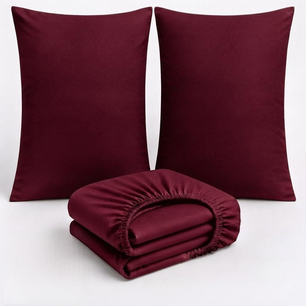 3 Piece Cotton Bedding Set UK – 200 Thread Count Deep Fitted Sheet 25cm with 2 Pillowcases, Soft Breathable Hotel Quality Bed Linen, Elasticated, Burgundy, Super King