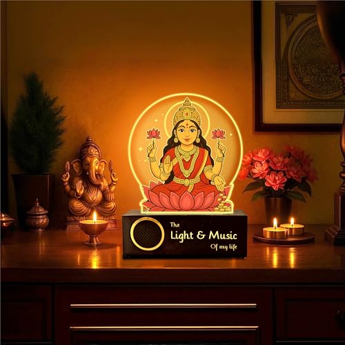 Image of ZOCI VOCI Goddess Lakshmi LED Lamp with Wooden Base - Laxmi Ji Night Light for Pooja Room, Lakshmi Photo Frame Lamp for Home Temple Decor, Diwali Gift, Spiritual (Warm Light + BT Speaker)