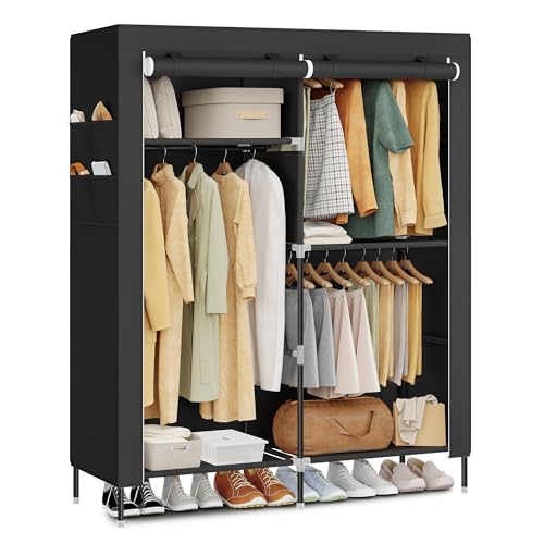 SONGMICS Kleiderschrank, Stoffschrank für Schlafzimmer, Schrank mit Kleiderstange, Ablagen, Seitentaschen, groß, 3 Hängefächer, 45 x 127 x 180 cm,...