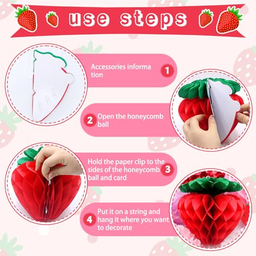 Image of 16 Pcs Strawberry Birthday Decorations - Tissue Pom Poms, Honeycomb Ball, Garland & Fans for Berry Sweet Baby Shower, Strawberry Shortcake Birthday Decorations and Girls Party Supplies