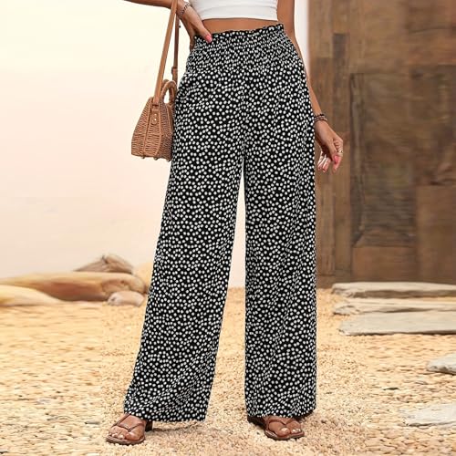 eoeioa Palazzo Pants for Women Dressy Baggy Colorblock Elastic Waist Linen Pants Lightweight Beach Pant with Pockets2