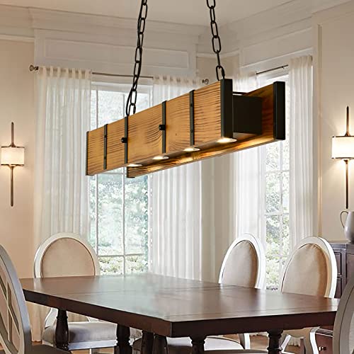 Chandelier de table rustique en bois rectangle avec LED 4x5W à 3 couleurs