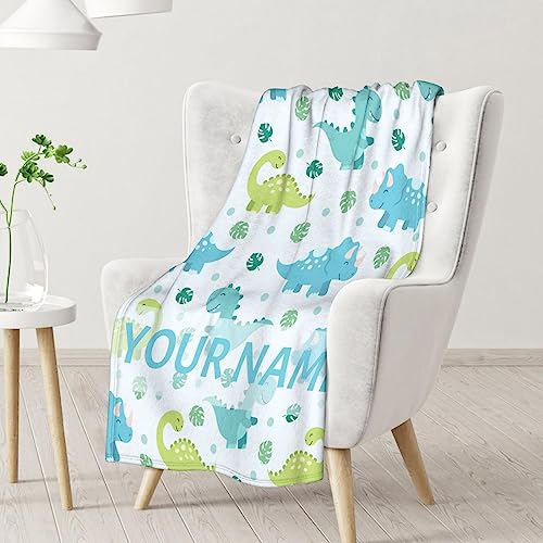Personalized Dinosaur Blanket Gifts with Name - 40"x50" Cute Throw for Girls & Boys - Blue Soft Fuzzy Blankets for Bed, Couch & Living Room