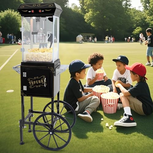 Image of Popcorn Machine with Cart & Wheels - Popcorn Maker Machine with 6OZ Stainless Steel Kettle, Pop corn Machine Maker for Home, Parties, Movie Theater, Black