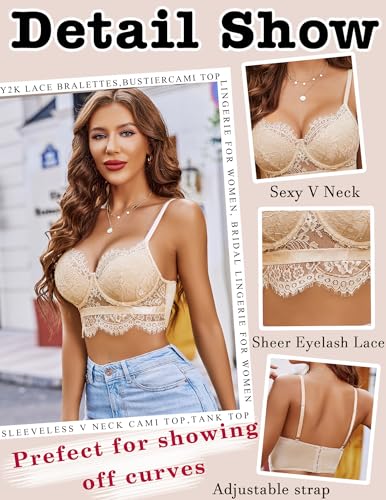 Image of Avidlove Lace Bralettes for Women Y2k Strap Bustier Cami Top V Neck Camisole Lingerie
