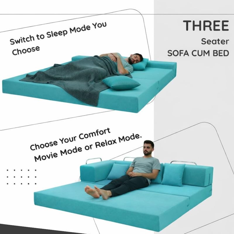 Image of Adorn India Easy Premium Modular 4 Seater Sofa Cum Bed | Velvet Suede Fabric | Colour Aqua Blue | Modern Design | Size 6x6 Fit | Comfortable for Seat & Sleep | Washable Cover | Perfect for Home
