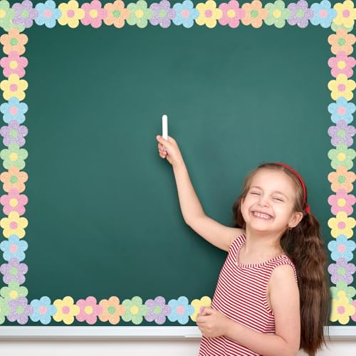 Image of Whaline 65.6Ft Glitter Pastel Bulletin Board Border Floral Boho Flower Die Cut Trim Border Roll for Back to School Chalkboard Wall Decor