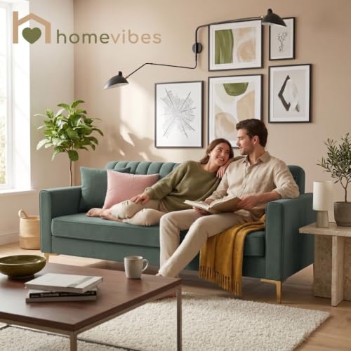 Image of Velum 3 Seater Sofa for Living Room & Office | Premium Fabric Upholstery | Solid Wood Frame | Comfortable Seating | 3 Years Warranty (Frosty Green, 3 Seater Sofa)