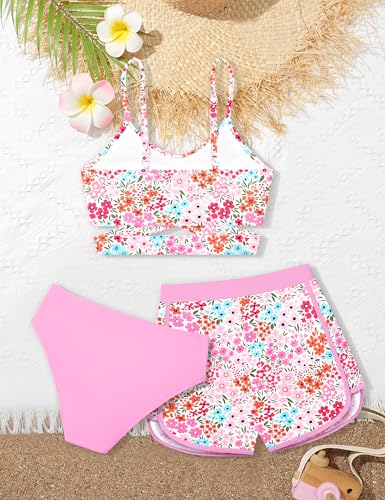 Image of Girls Swimsuit 3 Piece Bathing Suit Criss Cross Bikini Set Girls' Swimwear with Shorts 7-16T