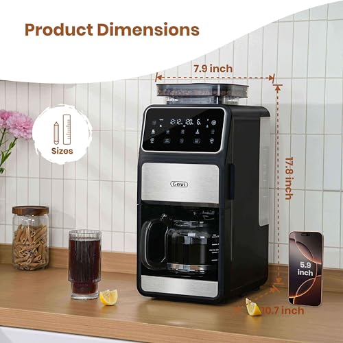 Gevi 10-Cup Grind & Brew Coffee Maker with Built-in Burr Grinder – Programmable Touch Screen, 4-Hour Keep Warm, Permanent Filter, Drip Coffee Machine for Home & Office