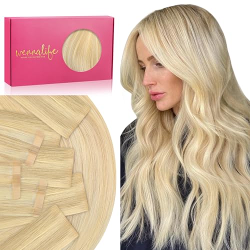 Image of WENNALIFE Invisi Edge Tape in Hair Extensions Human Hair,#16 /22,24 Inch | 24 Inch 50g 20pcs (Invisi Edge & Classic) Light Blonde Highlighted Golden Blonde Invisi Remy Hair Injected