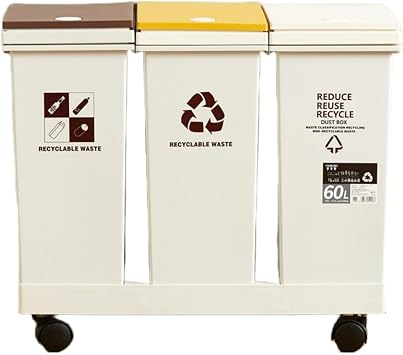Separating Trash Bin, Separating Dust Box with Lid and Wheels, Removable, Horizontal Type, 3 Sort Wagon with Lid, Slim, Stain Resistant, Water Repellent, Color Sorting, Sealed Push Type, Keep