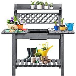Yaheetech Potting Bench Table Outdoor Garden Potting Table Wooden Workstation w/Sliding Tabletop Removable Sink w/Storage Shelf Flower Pot Bench Mobile Garden Potting Bench Gray Yaheetech Potting Bench Table Outdoor Garden Potting Table Wooden Workstation wSliding Tabletop Removable Sink wStorage Shelf Flower Pot Bench Mobile Garden Potting Bench Gray