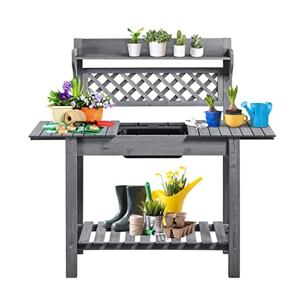 Yaheetech Potting Bench Table Outdoor Garden Potting Table Wooden Workstation w/Sliding Tabletop Removable Sink w/Storage Shelf Flower Pot Bench Mobile Garden Potting Bench Gray