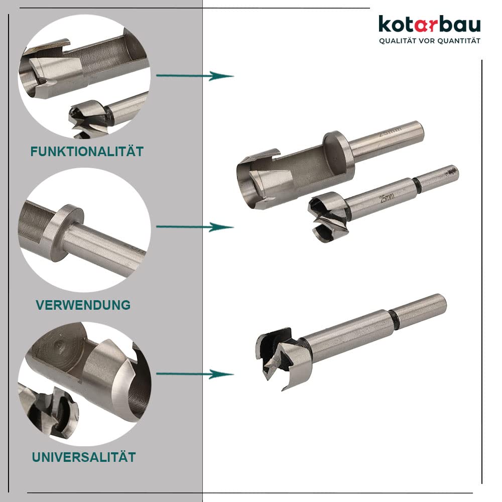 KOTARBAU® Set di frese e punte per legno, 25 mm, punte forstner, punte per trapano, trapano per potatura, fresa, punte per legno, punte per legno