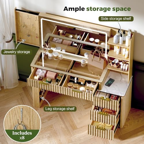 Image of 51 inch Vanity Desk with Power Outlet, Makeup Vanity with Mirror and Lights, 3 Lighting Modes, Vanity Table with Glass Top, 5 Drawers, and Jewelry Storage,Oak-01