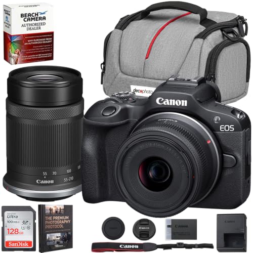 Canon EOS R100 �~���[���X�J���� 2�����Y�o���h�� | RF-S 18-45mm + RF-S 55-210mm is STM | �č��ۏ� ���K�㗝�X | Sandisk 128GB �������[�J�[�h �J�����o�b�O & �B�e�K�C�h