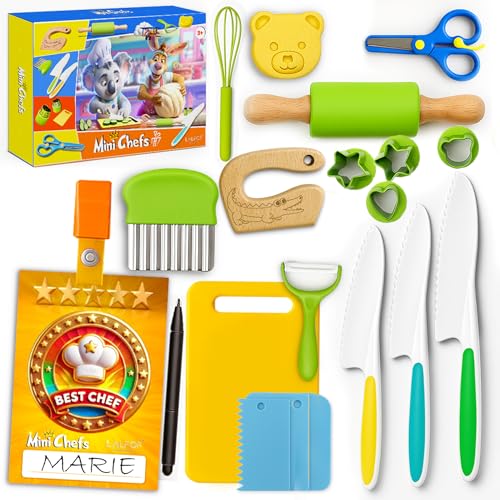 Lalfof® Set Cucina Giocattolo per Bambini da20 pz con mattarello e 3 coltelli per Bimbi antitaglio. Giochi Bambini 2 Anni, Regalo Bambina 2 Anni. Giochi Montessori 2 Anni