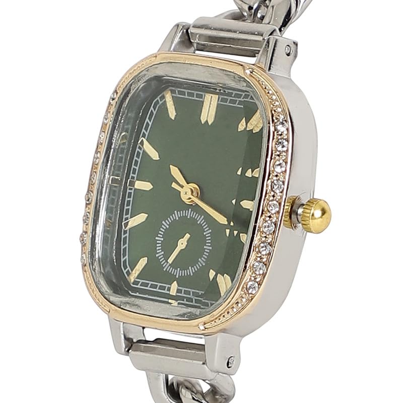 Image of Haute Sauce Women's The Churchford Rectangular Watch | Silver Stainless Steel Strap | Emerald Green Dial | One-Size | Foldover Closure | Quartz | Analogue | Wrist Belt Watch for Female & Girls