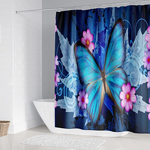 Blue Butterfly Shower Curtain Sets With Rugs,Toilet Lid Cover And Bath Mat Blue Flower Bathroom Shower Curtain Sets With 12 Hooks Waterproof Polyester Floral Shower Curtains For Bathroom Decor Sets #TOP1
