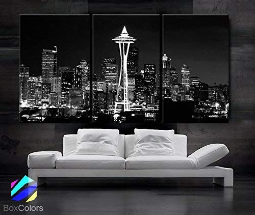 Original by BoxColors Large 30"x 60" 3 Panels 30"x20" Ea Art Canvas Print Seattle Washington Skyline Night Downtown Black & White Wall Home Decor Interior(framed 1.5" Depth)